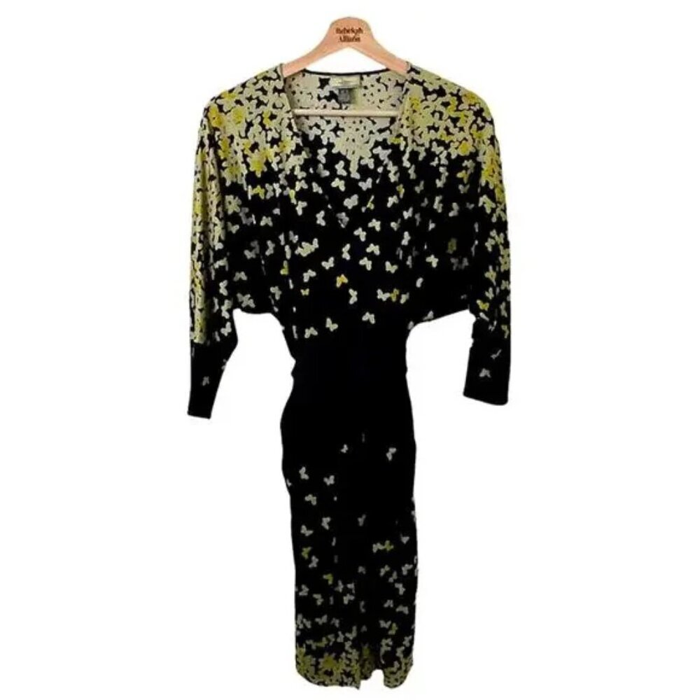 Issa London Black & Yellow Butterflies Cinch Waist Belted Dress SZ 4